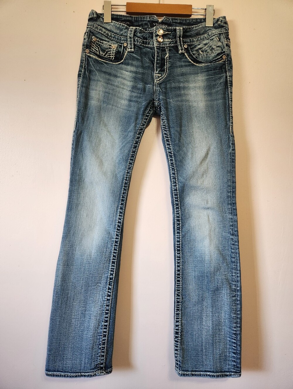 Vigoss Y2K McBling Rhinestone Bootcut Jeans Heavy Stitch Peekaboo Cutout Sz 28